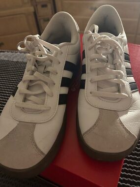 Women's White Sneakers with Black Stripes and Suede Toe